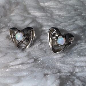 Vintage Sterling Silver White Opal Heart Stud Earrings